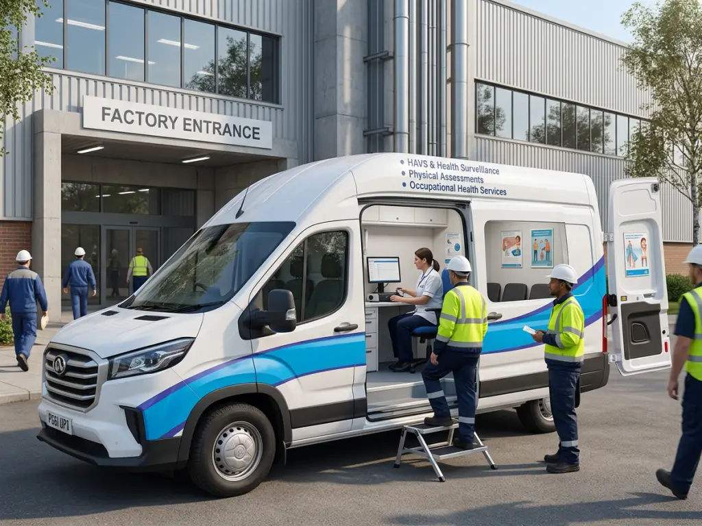 Modern mobile occupational health unit parked outside a factory entrance